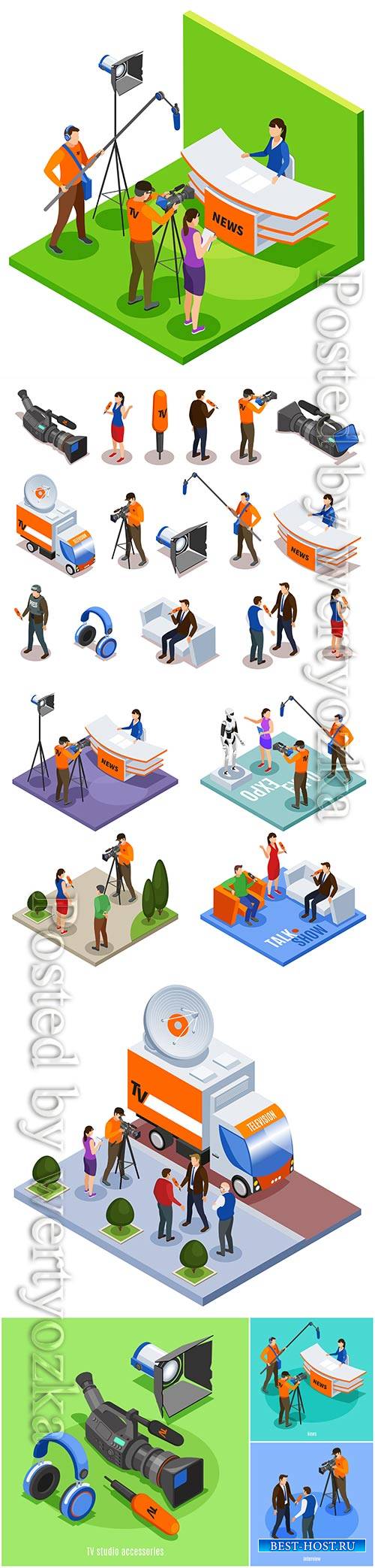 Concept set of talk show news expo and street interview isometric compositi ...