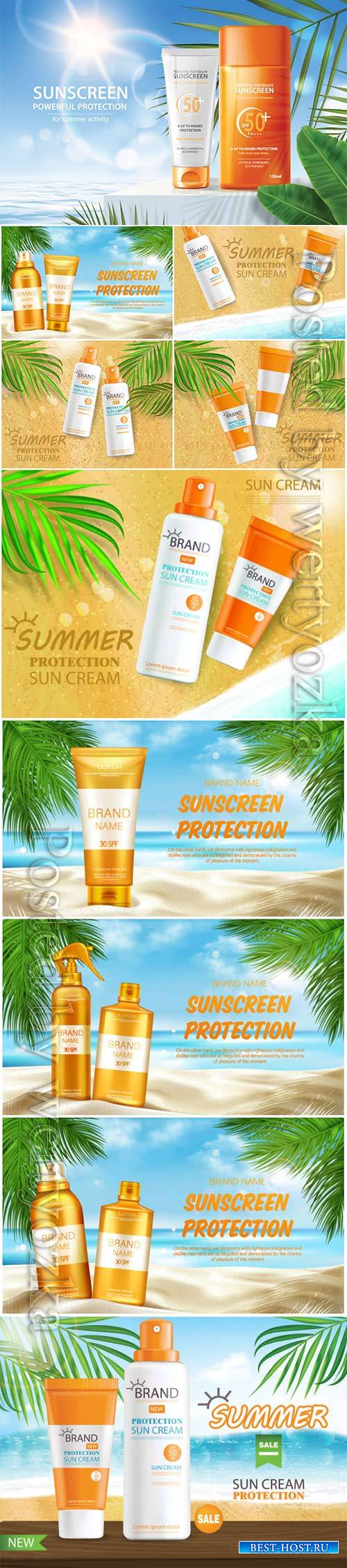 Sunscreen protection cosmetic, mock up banner vector illustration