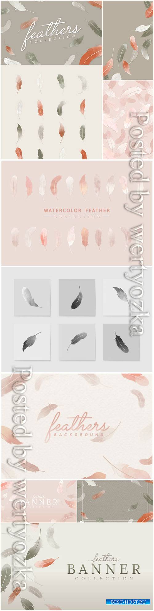 Floating feathers banner vector set