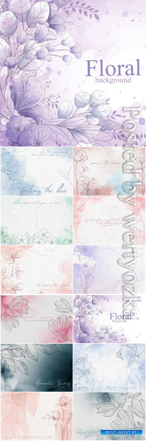 Watercolor flowers vector background in pastel colors