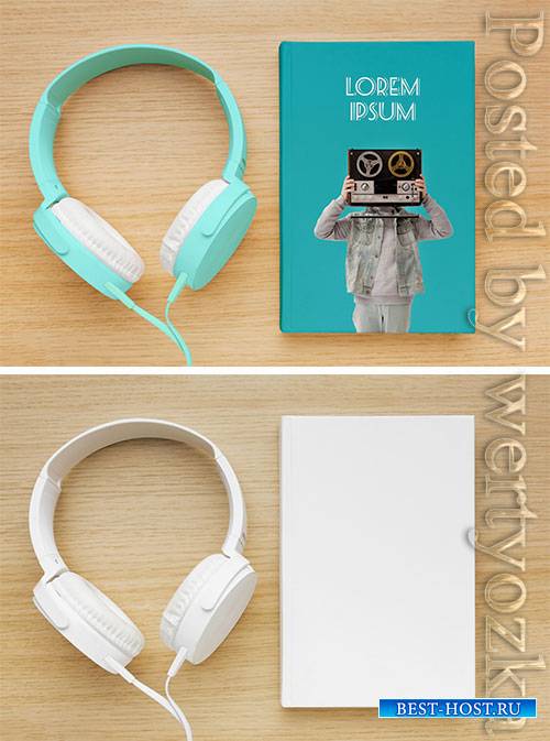Assortment with book cover mock-up and headphones