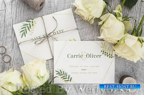 Top view wedding invitation with mock-up