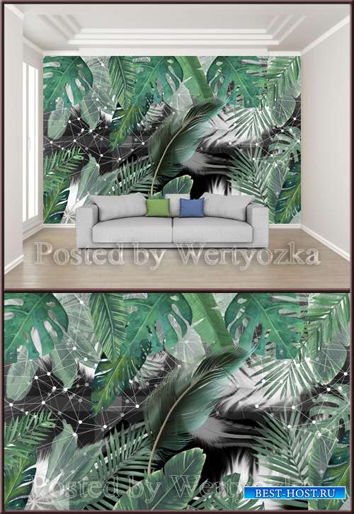 3D psd background wall small fresh green leafy plant feather