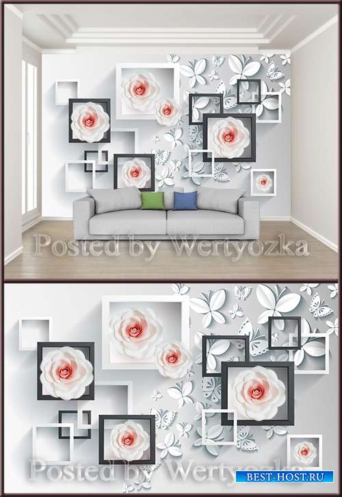 3D psd background wall stylish and simple stereo butterfly rose