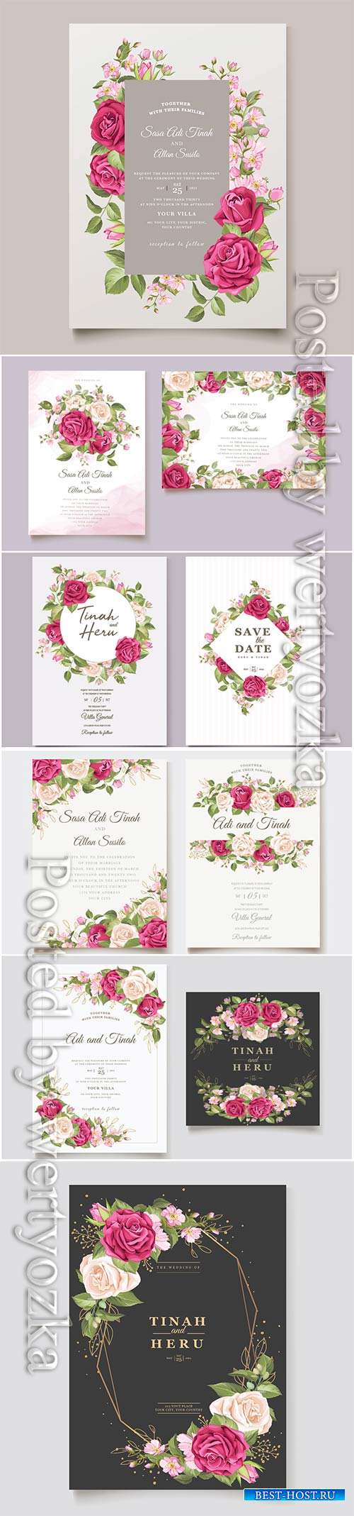 Wedding invitation cards with flowers in vector
