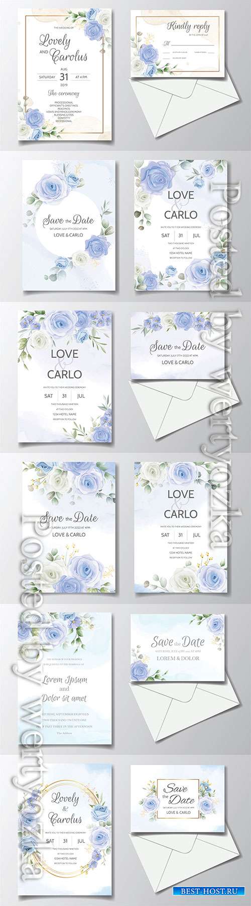 Vintage wedding invitation with blue roses in vector