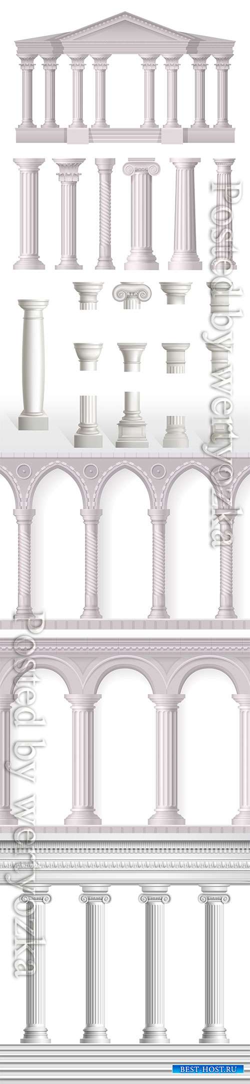 Antique white columns realistic set with different styles