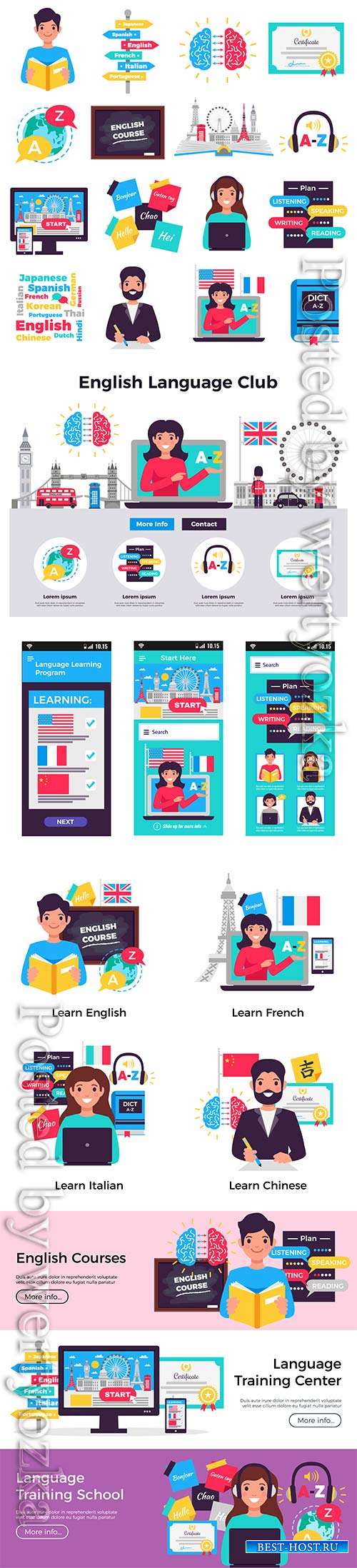 Foreign language learning program isometric element vector collection