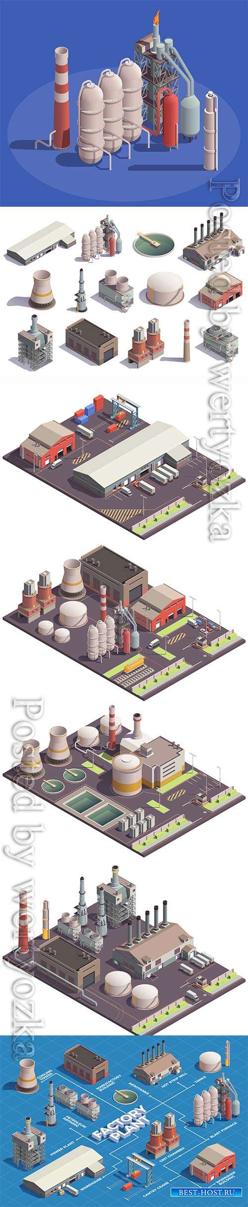 Industrial buildings isometric icons vector set