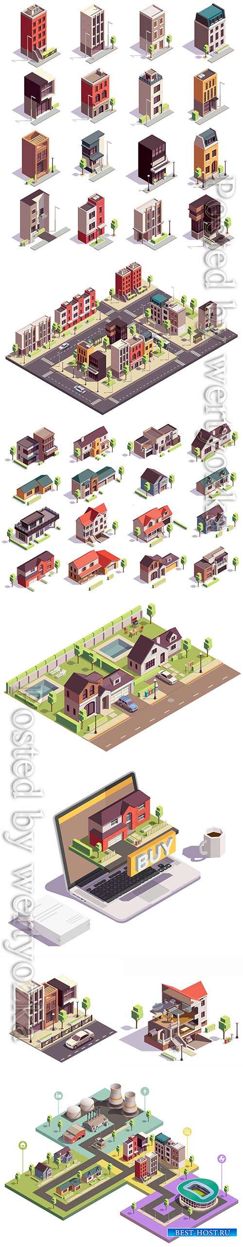 Townhouse buildings isometric vector set of sixteen isolated colourful buil ...
