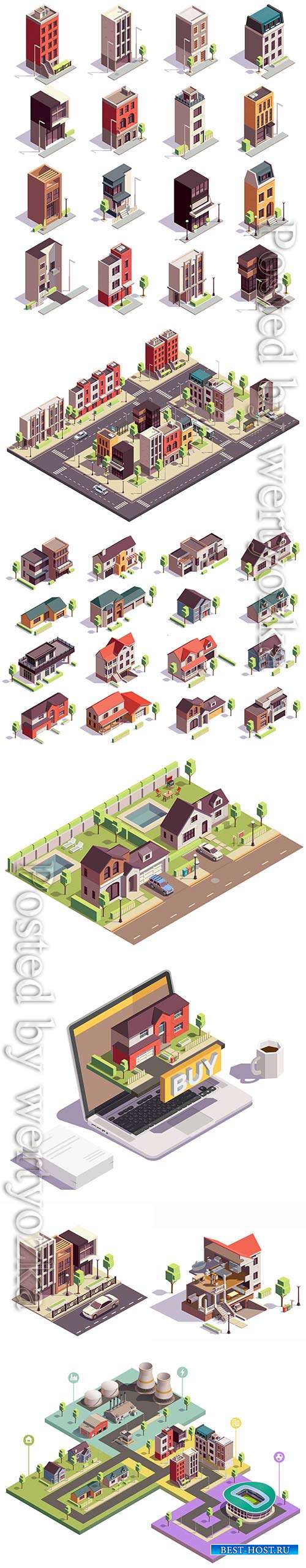 Townhouse buildings isometric vector set of sixteen isolated colourful buildings