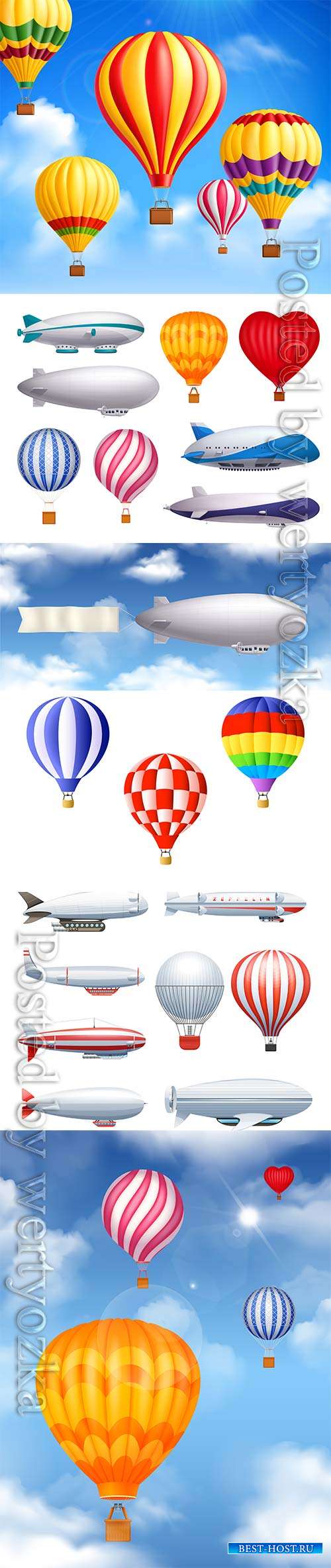 Dirigible and balloons transportation realistic vector set