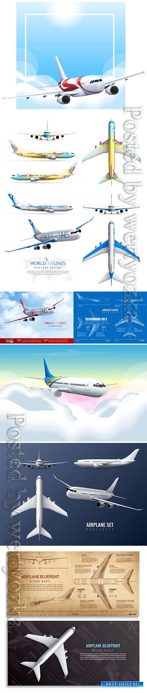 Airplane realistic identity vector set of world airlines in various views i ...