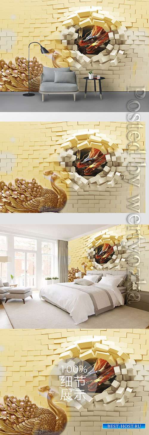 3D models template golden peacock and brick wall