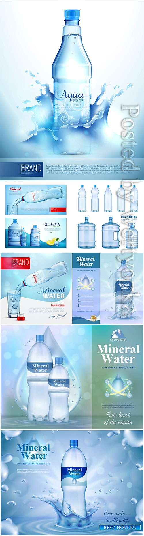 Water bottle ad banner, flask with drink, splashing water drops in vector