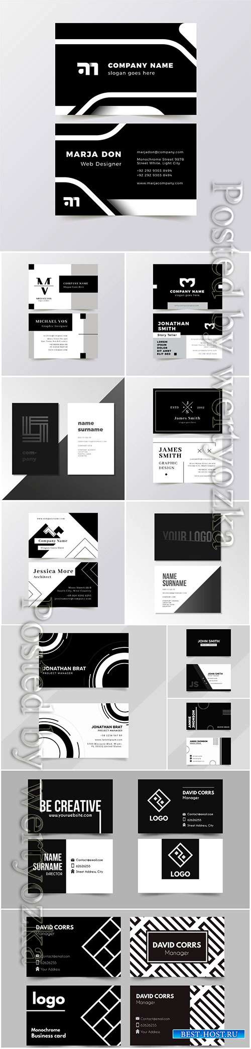 Business cards in black white style, vector templates