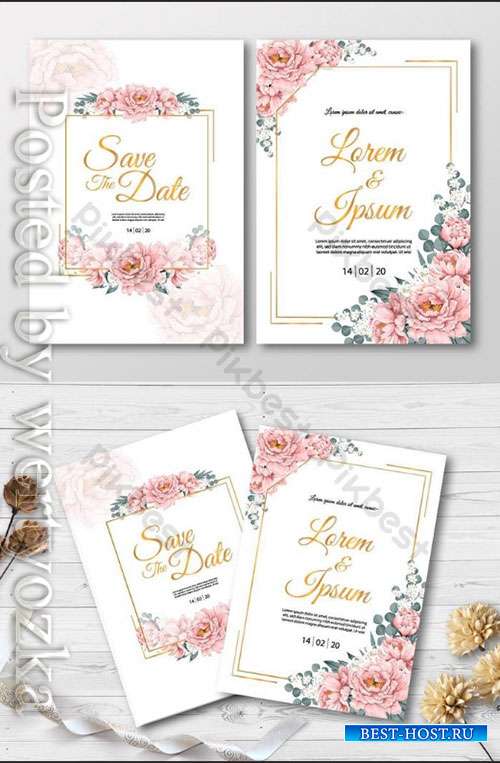 Wedding Invitation card with pink Paeonia flowers and gold frame watercolor drawing Wedding Invitation card with pink Paeonia flowers and gold frame watercolor drawing