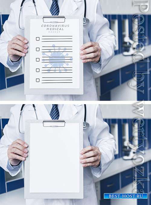 Smiley doctor holding a medical paper mock-up medium shot