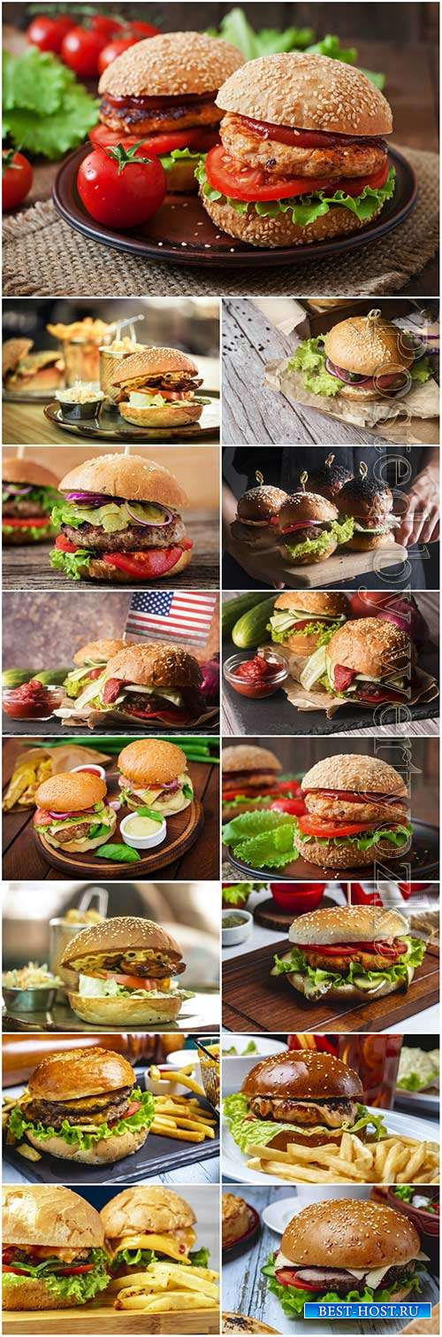 Big meat burger wooden board stock photo set