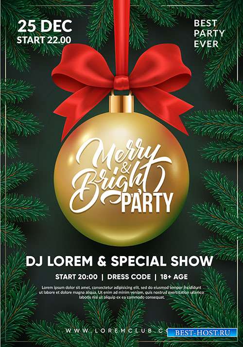 Christmas party flyer design, 3d christmas ball with red bow