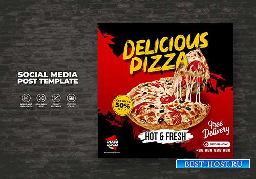 Food menu and delicious hot fresh vector pizza