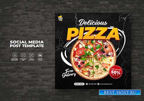 Food restaurant menu and delicious pizza for social media vector template