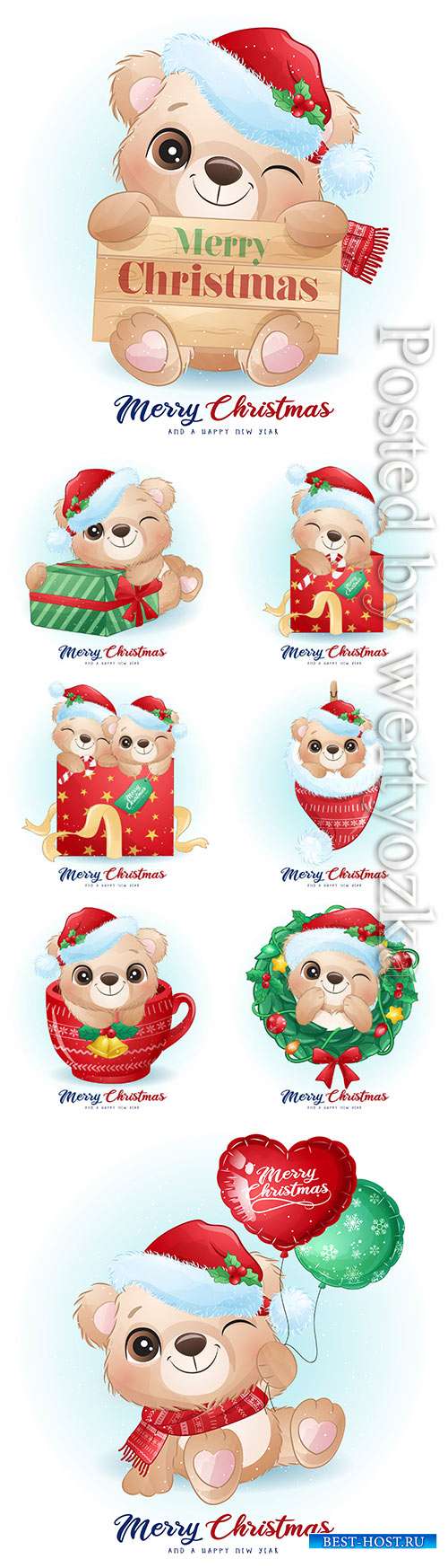 Cute doodle bear for christmas day with watercolor vector illustration