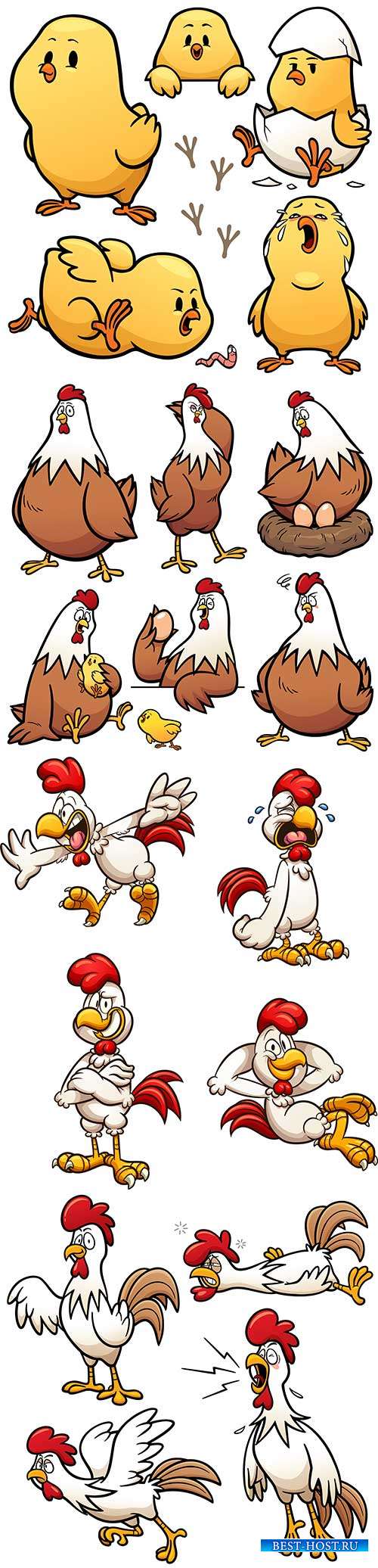 Петух, курица и цыплята - Векторный клипарт