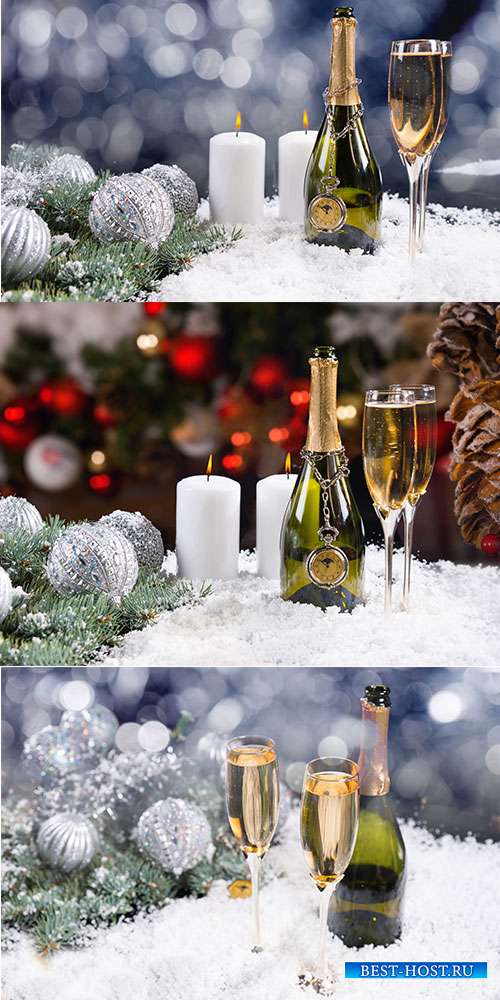 Фоны с шампанским, свечами и ветками ели к Новому Году - Растровый клипарт