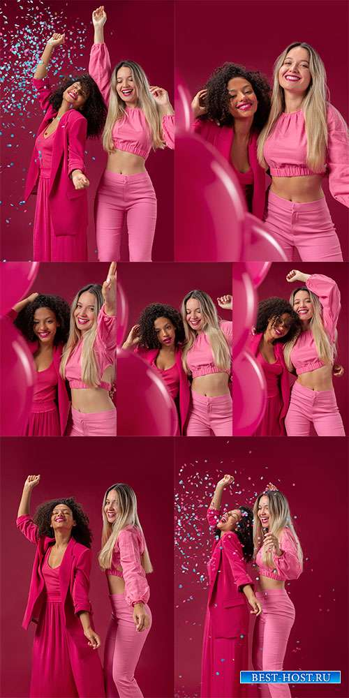Брюнетка и блондинка в розовых костюмах - Фотоклипарт