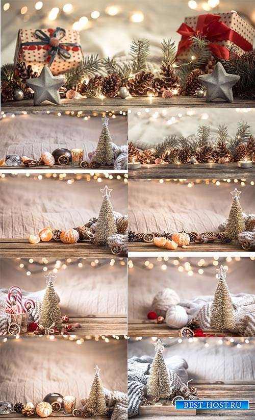 Новогодние фоны с  ёлкой, шарами, мандаринами, шишками, подарками и фонариками - Растровые фоны