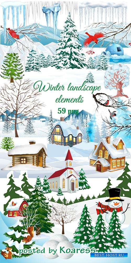 Нарисованные элементы зимнего пейзажа - горы, поля, дома, деревья, снег на прозрачном фоне
