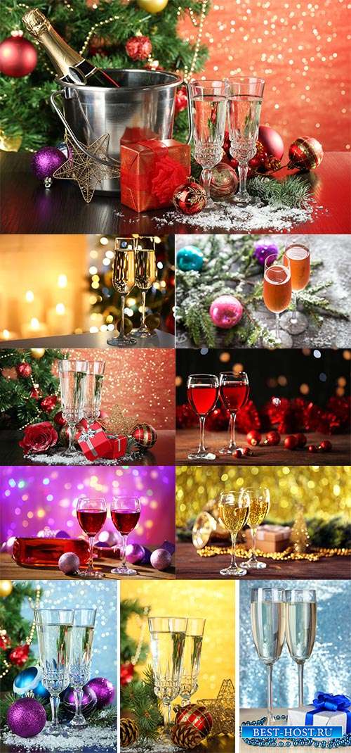 Праздничные фоны с бокалами шампанского и новогодними шарами, мишурой и подарками