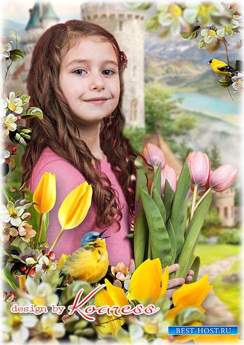 Весенняя рамка для детских фотопортретов - Леди и тюльпаны