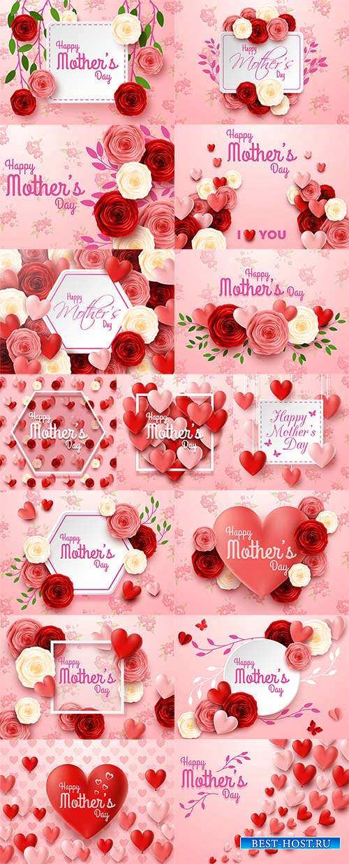 Векторные фоны с розами и сердечками для поздравлений с 8 марта