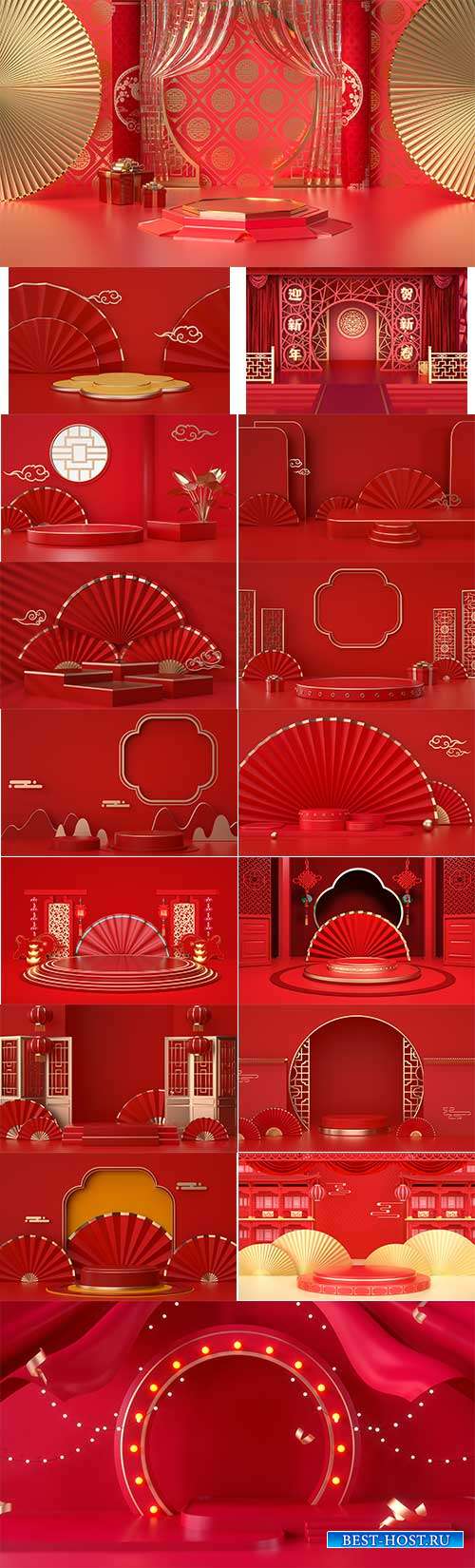 Подиум с элементами китайского стиля на красном фоне - Растровые фоны
