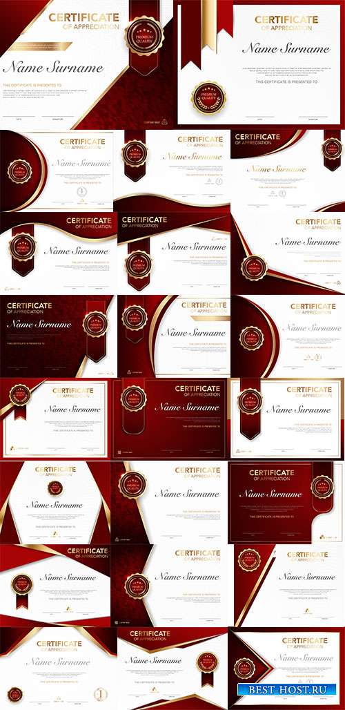 Векторные шаблоны сертификатов с бело-красных тонах с золотой отделкой