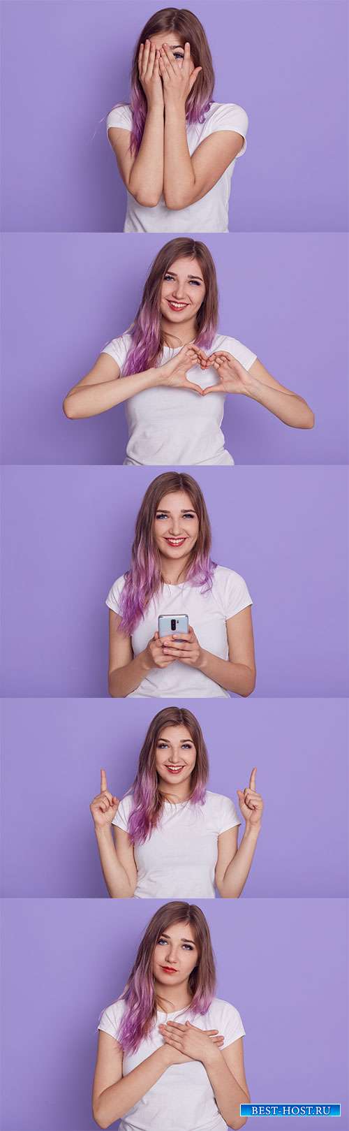 Молодая девушка в белом на фиолетовом фоне - Растровый клипарт