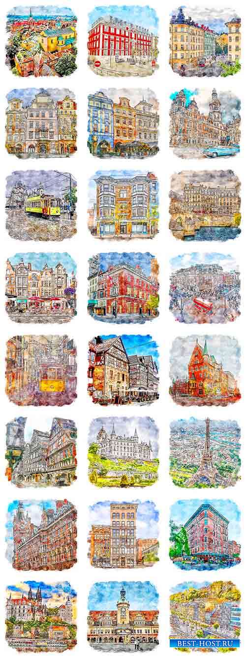 Эскизы городов мира в акварельных красках - Векторный клипарт