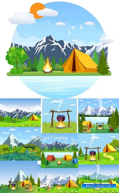 Отдых в горах на берегу озера в палатках - Векторные фоны