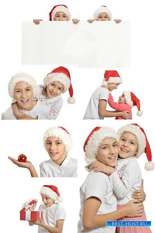 Мальчик и девочка в новогодних колпаках - Растровый клипарт