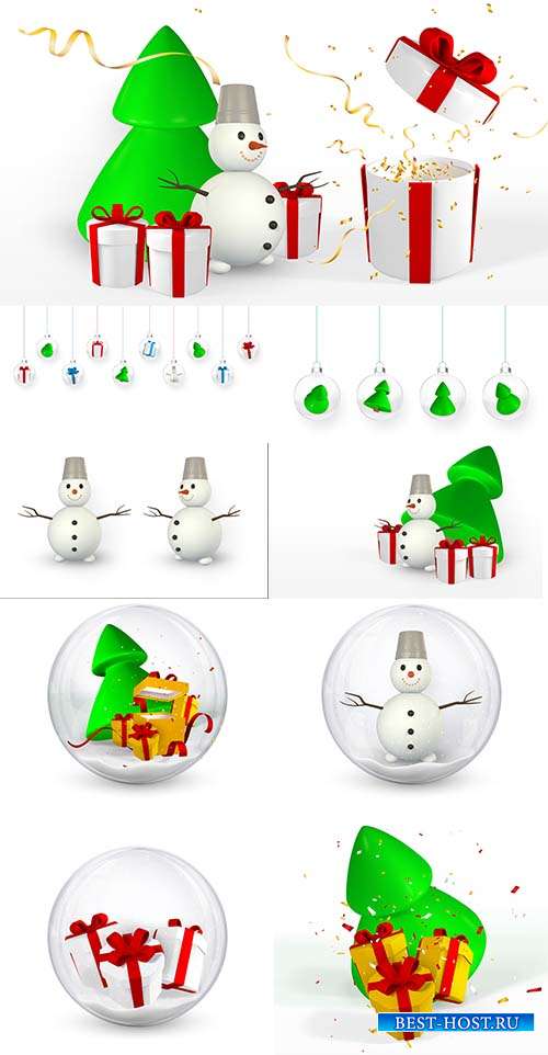 Снеговик, подарки, ёлка, новогодние шары - Новогодний векторный клипарт