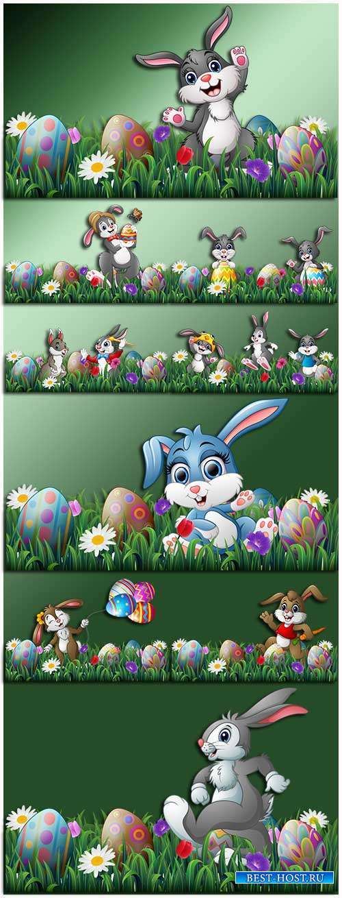 Кролик на лужайке с пасхальными яйцами - Клипарт