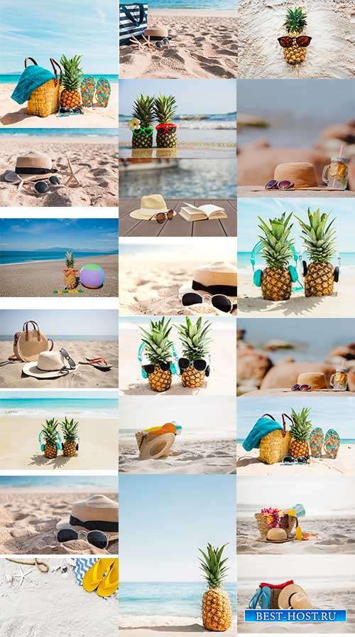 Пляж, песок, шляпа и ананас - Летние фоны