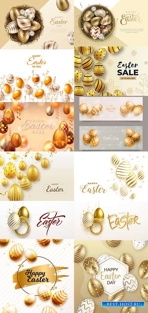 Золотые пасхальные яйца на светлом фоне - Векторные фоны