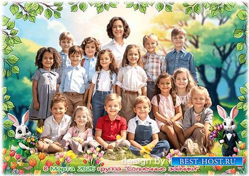 Шаблон детской фоторамки для фото группы к 8 Марта - Букеты к празднику
